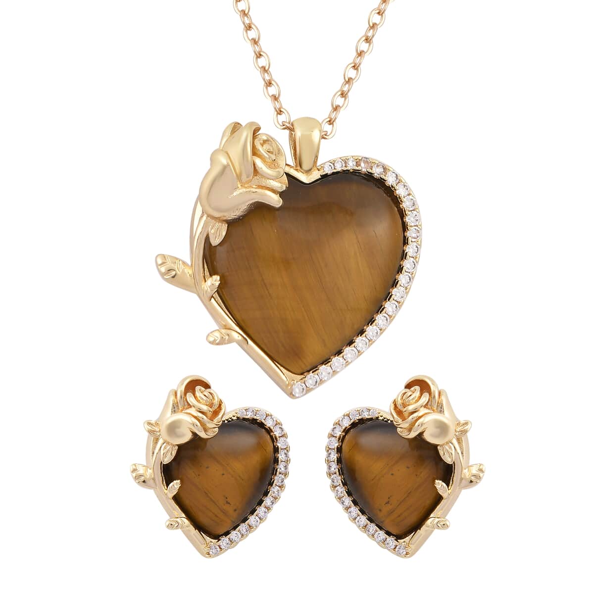 Yellow Tigers Eye, Simulated Diamond 6.00 ctw Heart Earrings and Pendant Necklace in Goldtone 20-22 Inches image number 0