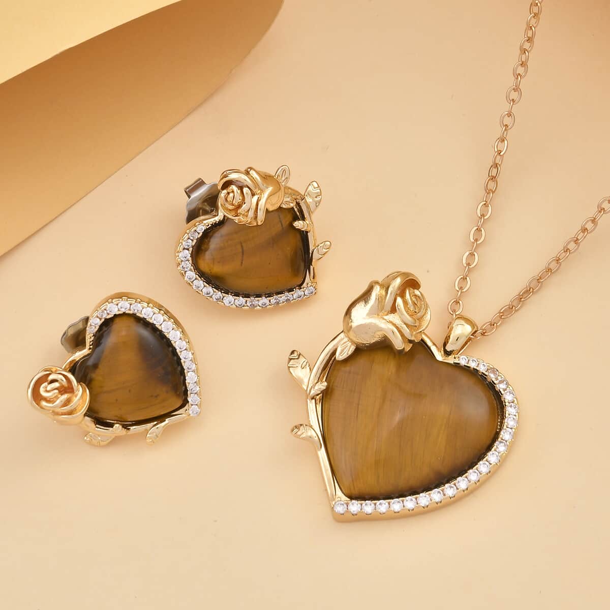 Yellow Tigers Eye, Simulated Diamond 6.00 ctw Heart Earrings and Pendant Necklace in Goldtone 20-22 Inches image number 1