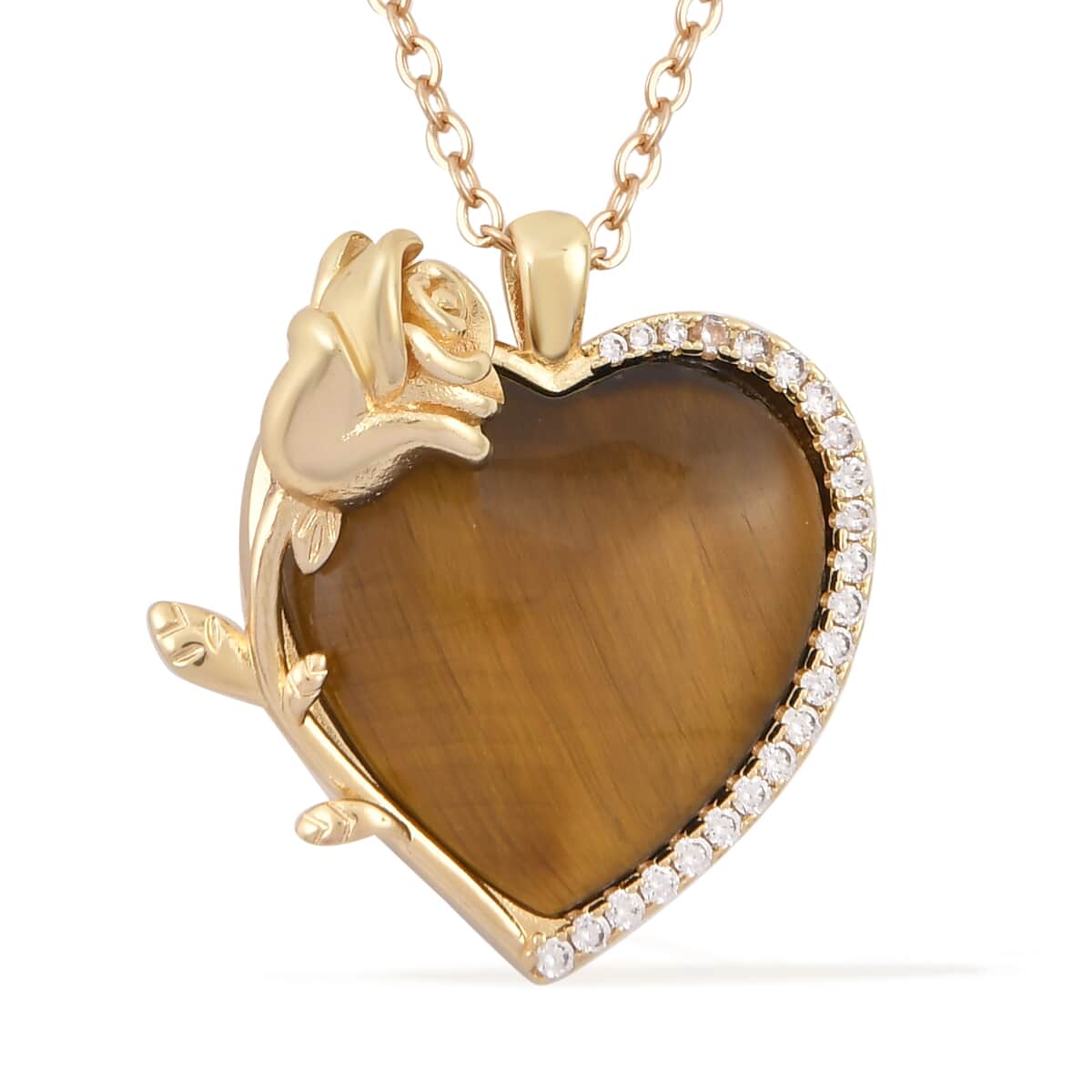 Yellow Tigers Eye, Simulated Diamond 6.00 ctw Heart Earrings and Pendant Necklace in Goldtone 20-22 Inches image number 2