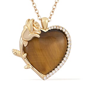 Yellow Tigers Eye, Simulated Diamond 6.00 ctw Heart Earrings and Pendant Necklace in Goldtone 20-22 Inches