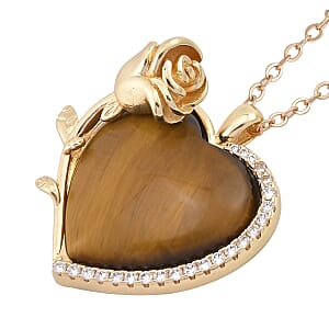 Yellow Tigers Eye, Simulated Diamond 6.00 ctw Heart Earrings and Pendant Necklace in Goldtone 20-22 Inches