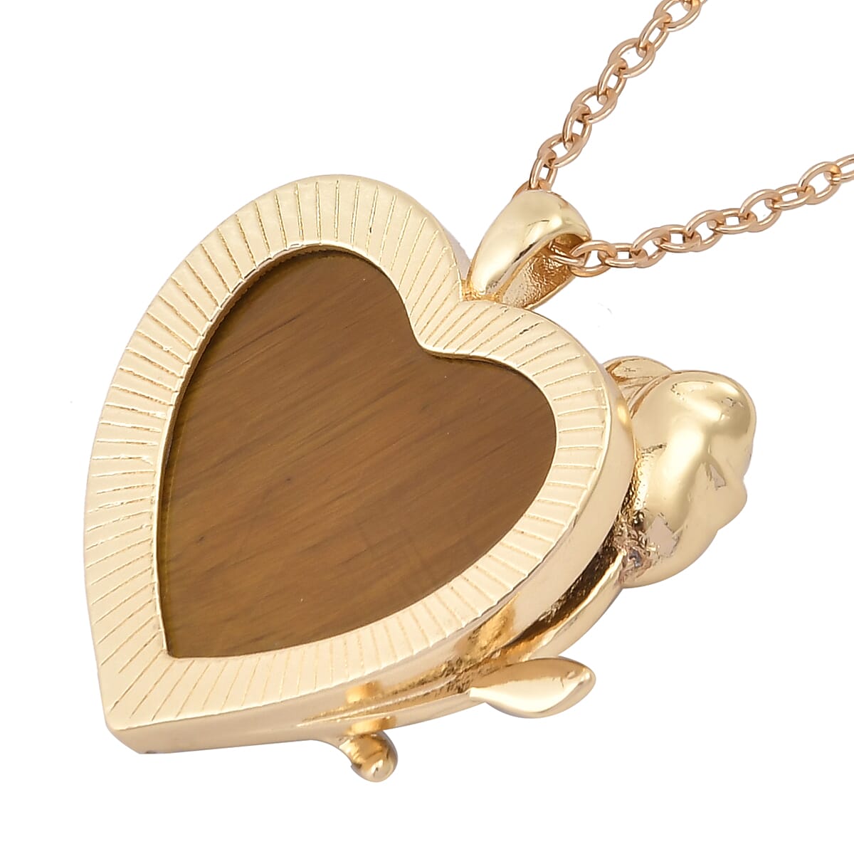 Yellow Tigers Eye, Simulated Diamond 6.00 ctw Heart Earrings and Pendant Necklace in Goldtone 20-22 Inches