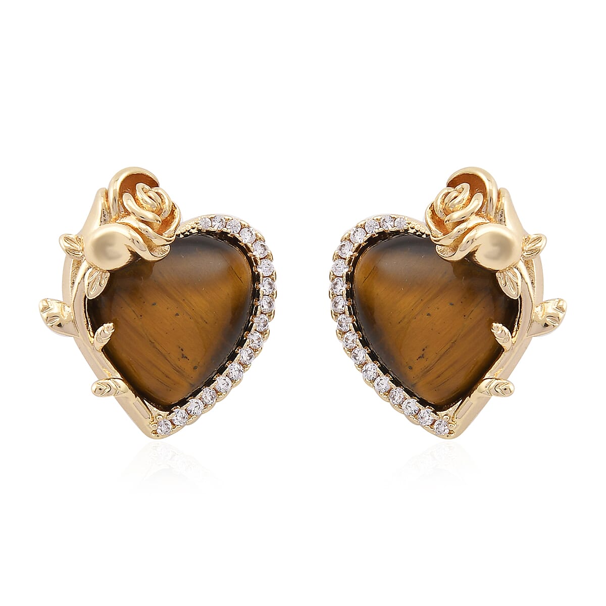 Yellow Tigers Eye, Simulated Diamond 6.00 ctw Heart Earrings and Pendant Necklace in Goldtone 20-22 Inches