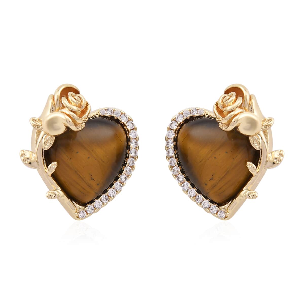 Yellow Tigers Eye, Simulated Diamond 6.00 ctw Heart Earrings and Pendant Necklace in Goldtone 20-22 Inches image number 5