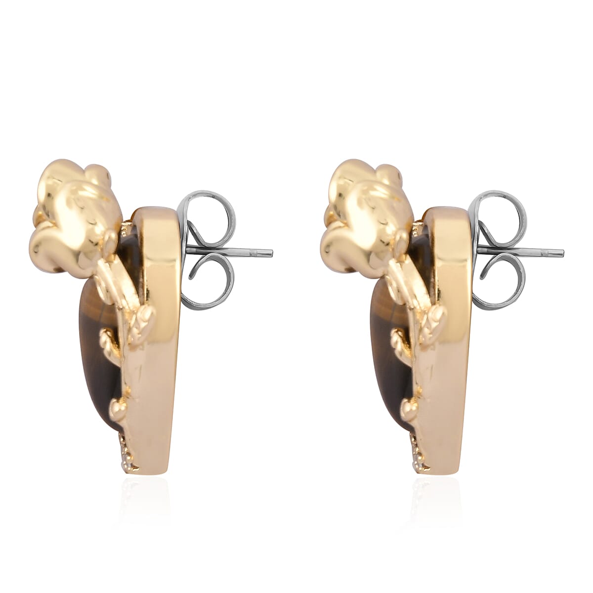 Yellow Tigers Eye, Simulated Diamond 6.00 ctw Heart Earrings and Pendant Necklace in Goldtone 20-22 Inches