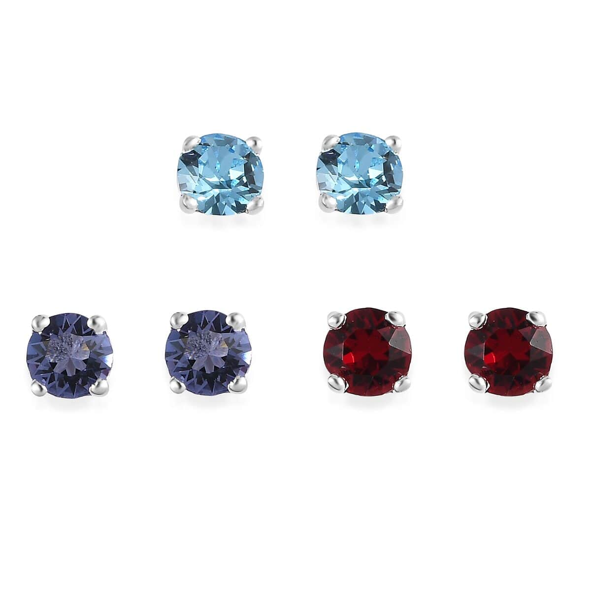 Foilback Amethyst Color, Ruby Color and Aquamarine Color Crystal Set of 3 Stud Earrings in Sterling Silver image number 0