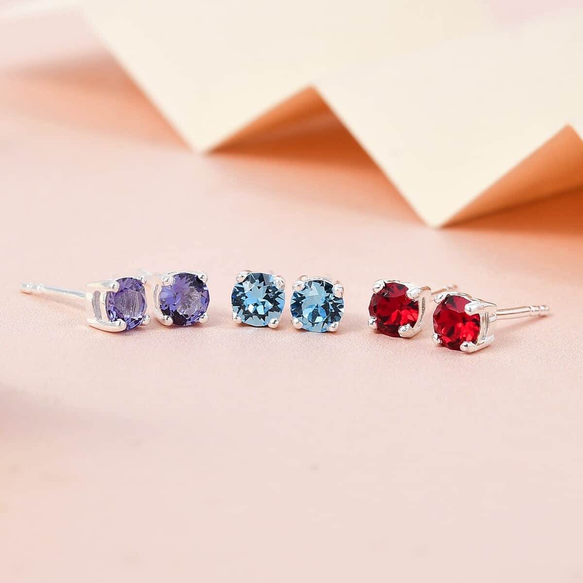 Foilback Amethyst Color, Ruby Color and Aquamarine Color Crystal Set of 3 Stud Earrings in Sterling Silver image number 1