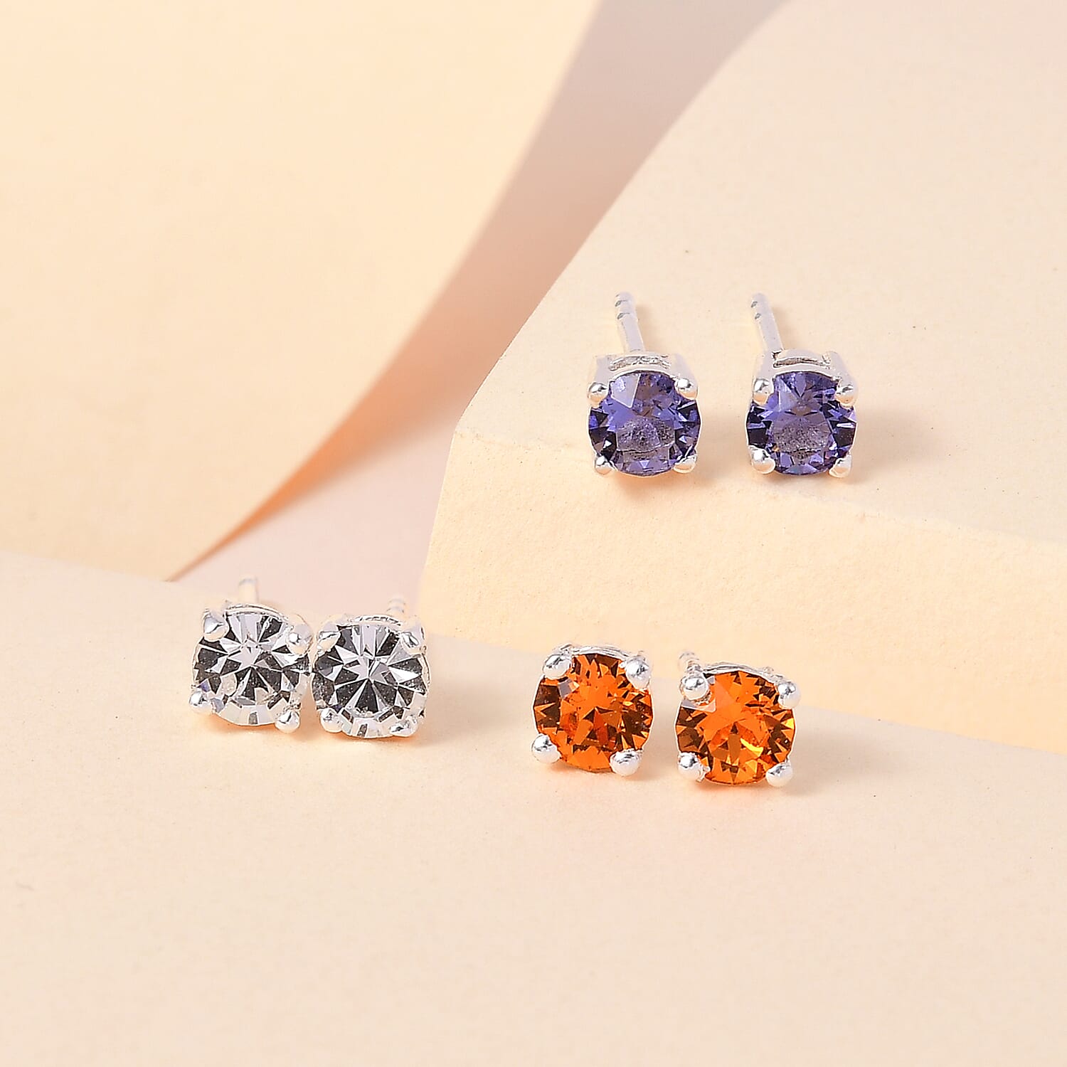 White Preciosa Color, Tangerine Color and Tanzanite Color Crystal Set of 3 Earrings in Sterling Silver