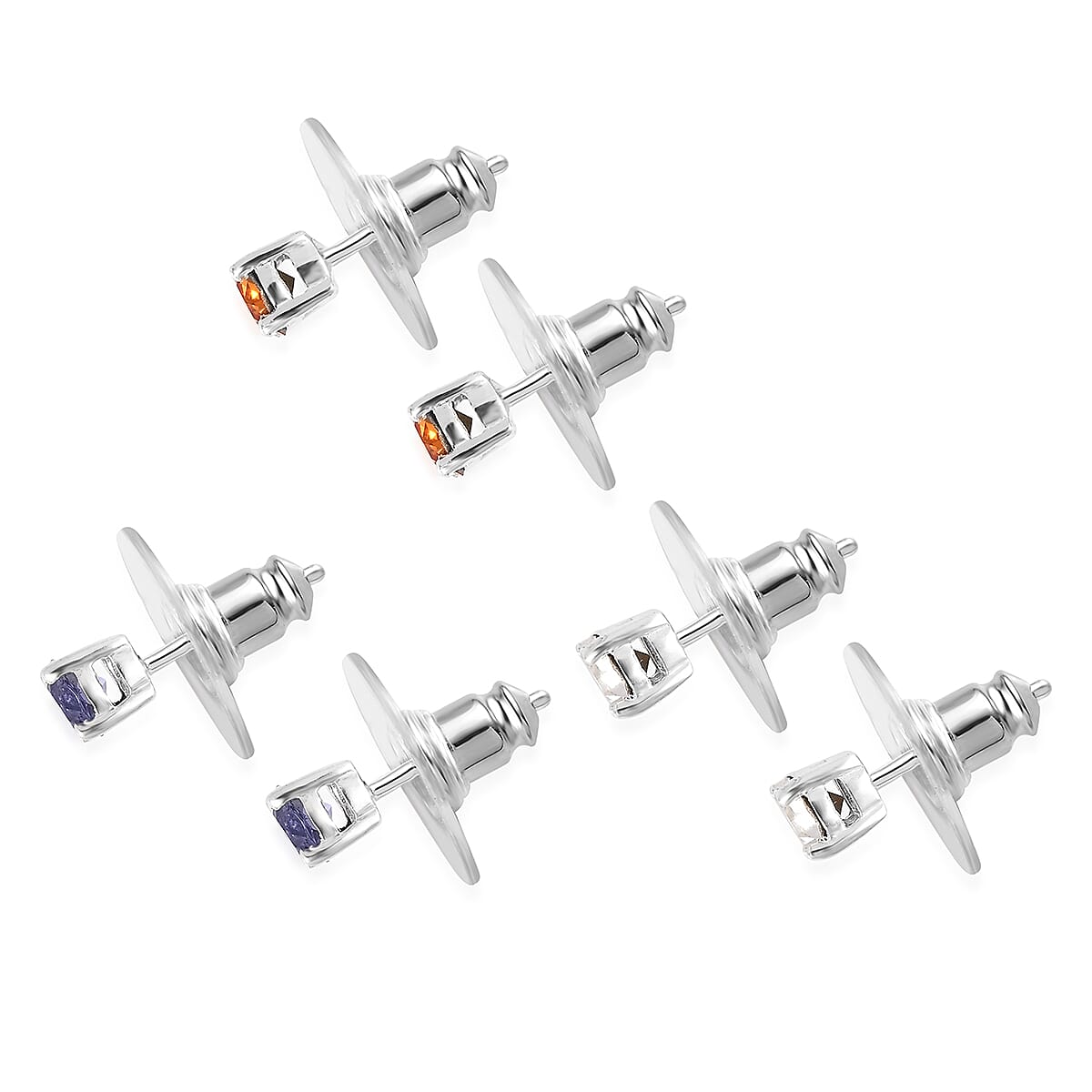 White Preciosa Color, Tangerine Color and Tanzanite Color Crystal Set of 3 Earrings in Sterling Silver