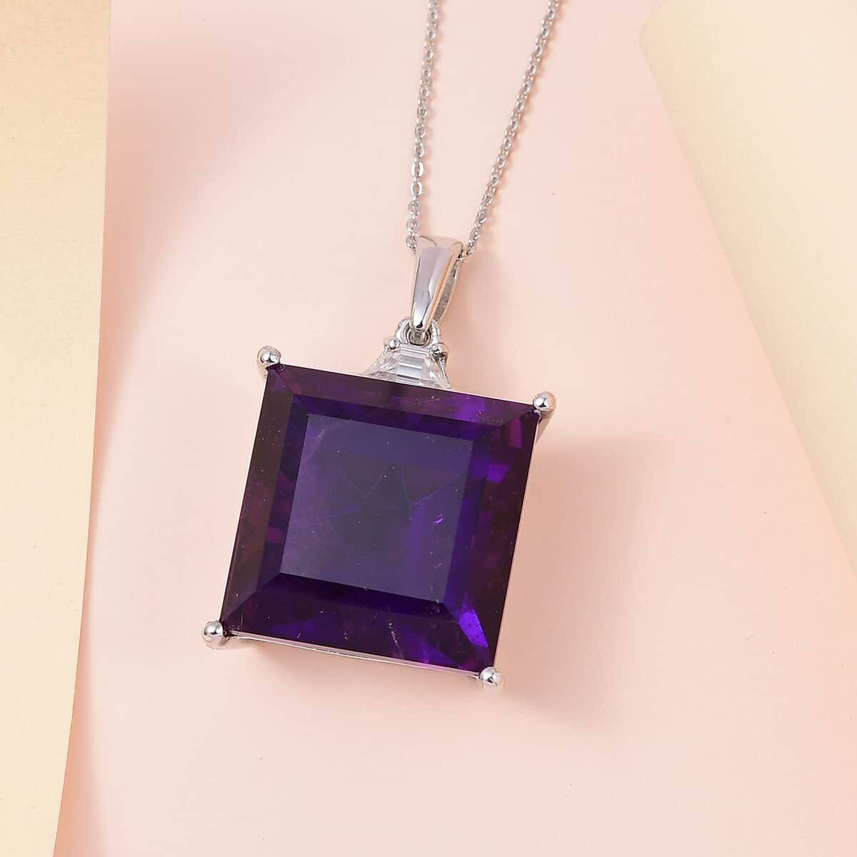 African Amethyst and Moissanite Pendant Necklace 20 Inches in Platinum Over Sterling Silver 34.25 ctw image number 1