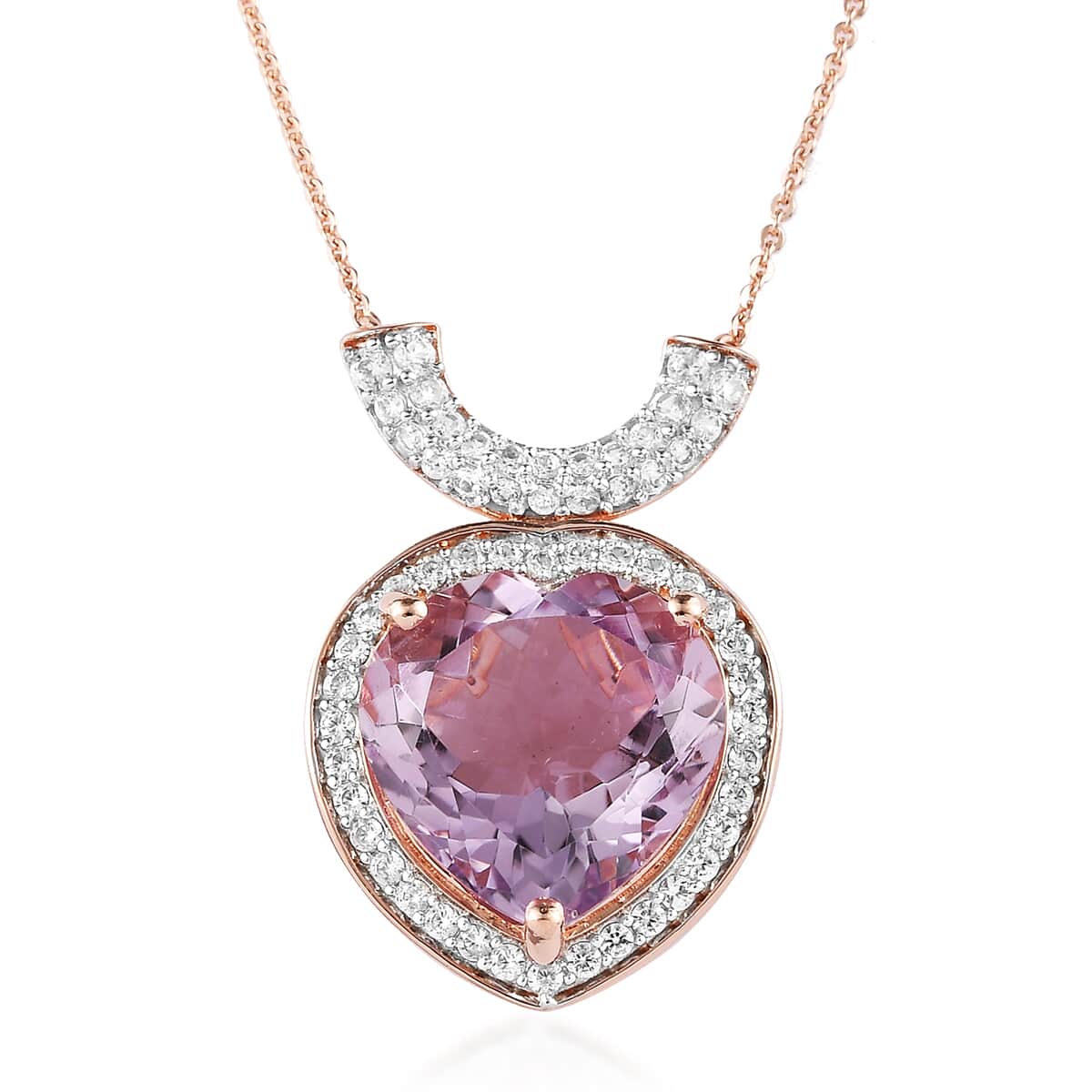 Rose De France Amethyst and White Zircon Pendant Necklace 20 Inches in Vermeil Rose Gold Over Sterling Silver 11.60 ctw image number 0