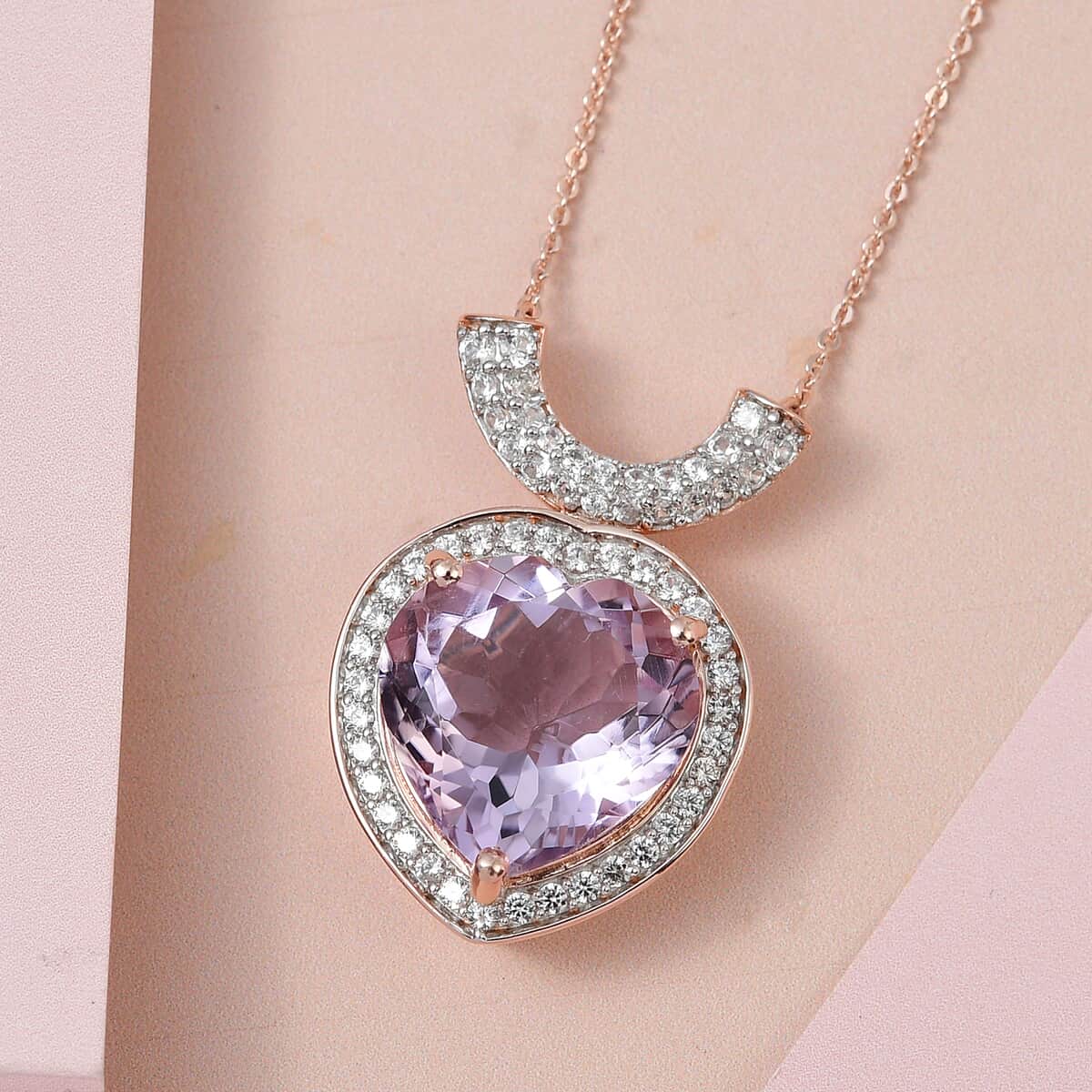 Rose De France Amethyst and White Zircon Pendant Necklace 20 Inches in Vermeil Rose Gold Over Sterling Silver 11.60 ctw image number 1