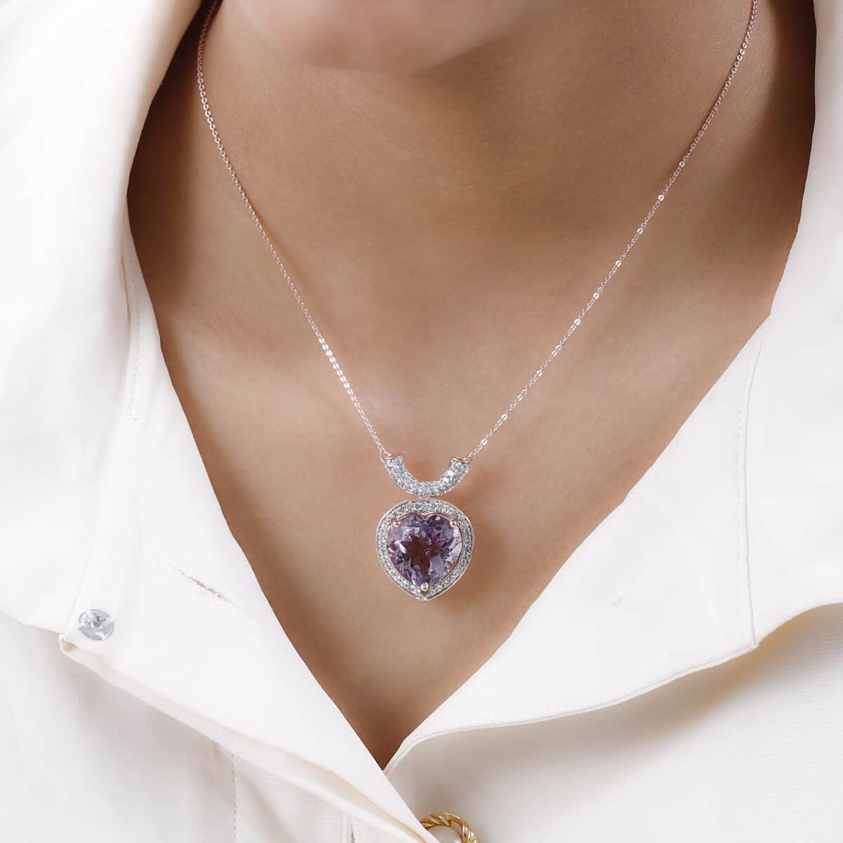 Rose De France Amethyst and White Zircon Pendant Necklace 20 Inches in Vermeil Rose Gold Over Sterling Silver 11.60 ctw image number 2