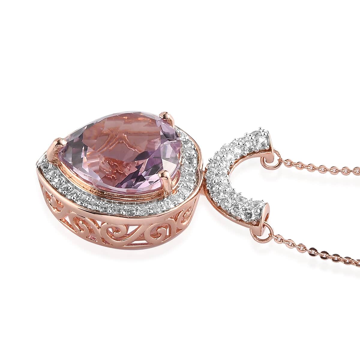 Rose De France Amethyst and White Zircon Pendant Necklace 20 Inches in Vermeil Rose Gold Over Sterling Silver 11.60 ctw image number 3