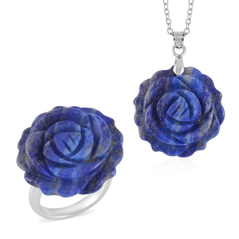 Carved Lapis Lazuli Flower Ring (Size 6) and Necklace 20-22 Inches in Silvertone 6.00 ctw