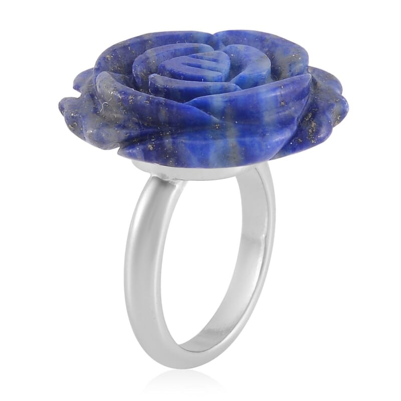Carved Lapis Lazuli Flower Ring (Size 6) and Necklace 20-22 Inches in Silvertone 6.00 ctw