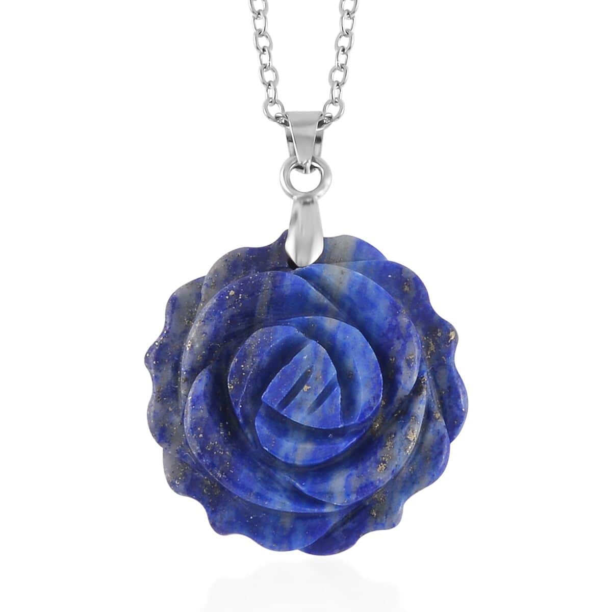 Carved Lapis Lazuli Flower Ring (Size 6) and Necklace 20-22 Inches in Silvertone 6.00 ctw image number 3