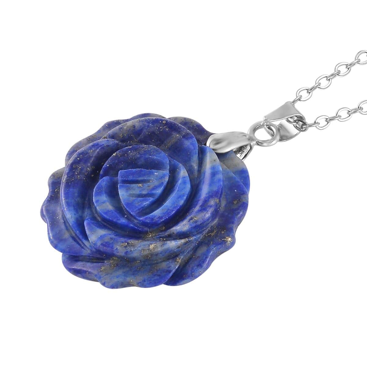 Carved Lapis Lazuli Flower Ring (Size 6) and Necklace 20-22 Inches in Silvertone 6.00 ctw image number 4