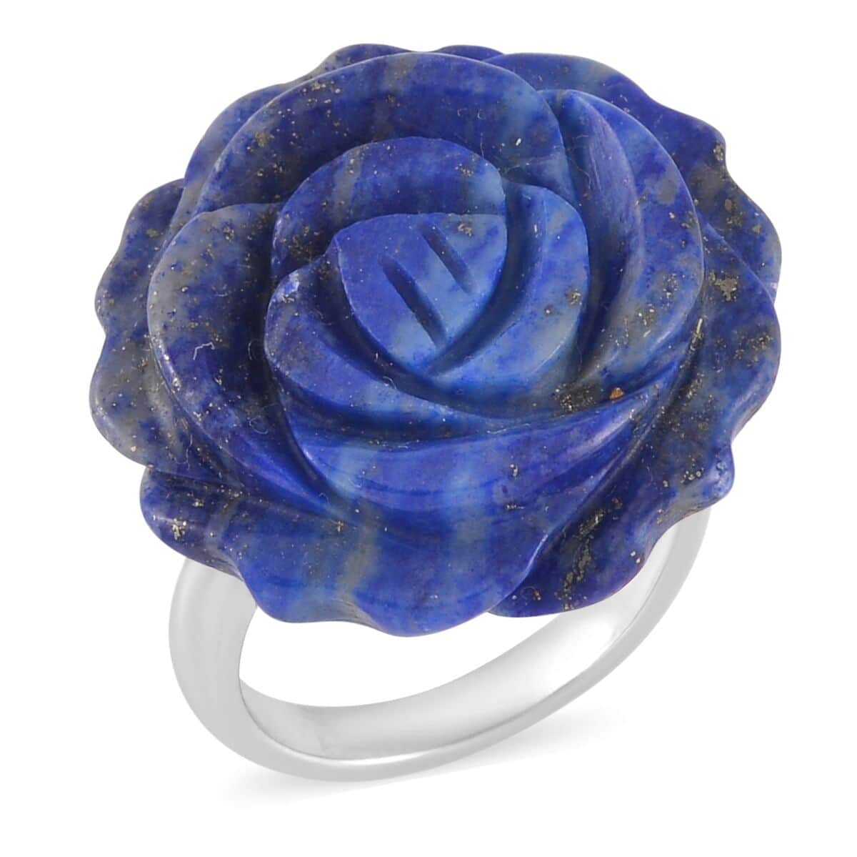 Carved Lapis Lazuli Flower Ring (Size 7) and Necklace 20-22 Inches in Silvertone 6.00 ctw image number 2