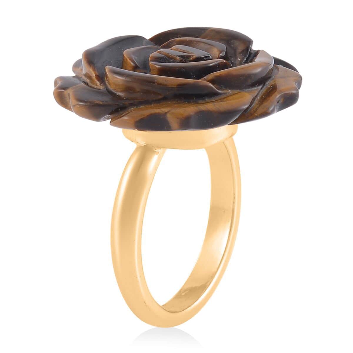 Carved Yellow Tigers Eye Flower Ring (Size 7) and Necklace 20-22 Inches in Goldtone 6.00 ctw image number 3