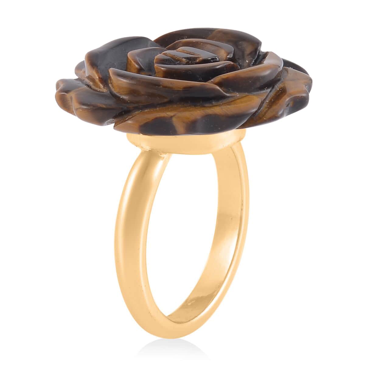Carved Yellow Tigers Eye Flower Ring (Size 8) and Necklace 20-22 Inches in Goldtone 6.00 ctw image number 3