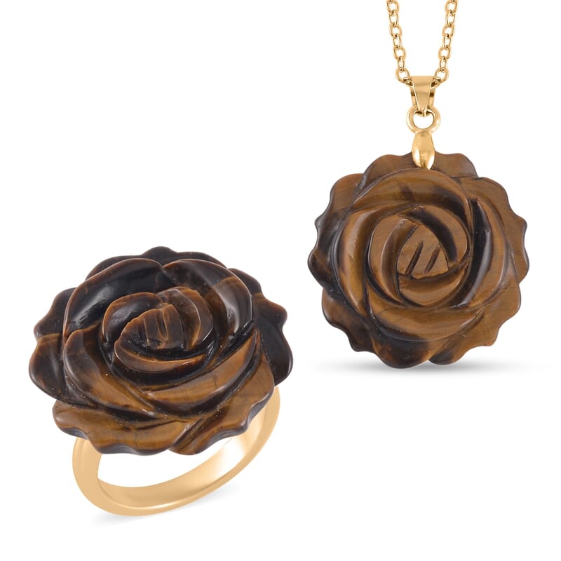 Carved Yellow Tigers Eye Flower Ring (Size 10) and Necklace 20-22 Inches in Goldtone 6.00 ctw