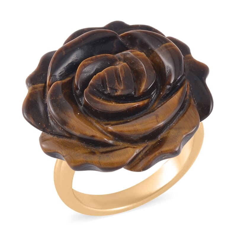 Carved Yellow Tigers Eye Flower Ring (Size 10) and Necklace 20-22 Inches in Goldtone 6.00 ctw