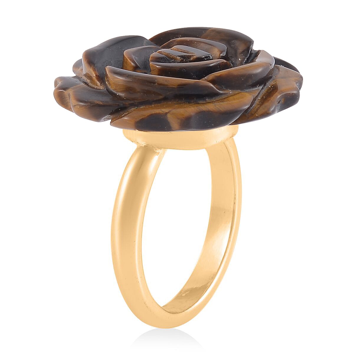 Carved Yellow Tigers Eye Flower Ring (Size 10) and Necklace 20-22 Inches in Goldtone 6.00 ctw