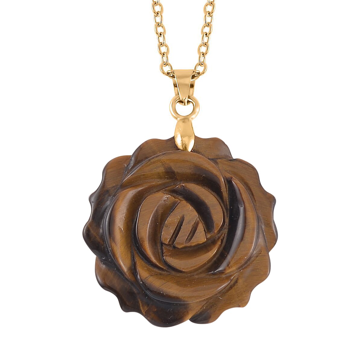 Carved Yellow Tigers Eye Flower Ring (Size 10) and Necklace 20-22 Inches in Goldtone 6.00 ctw