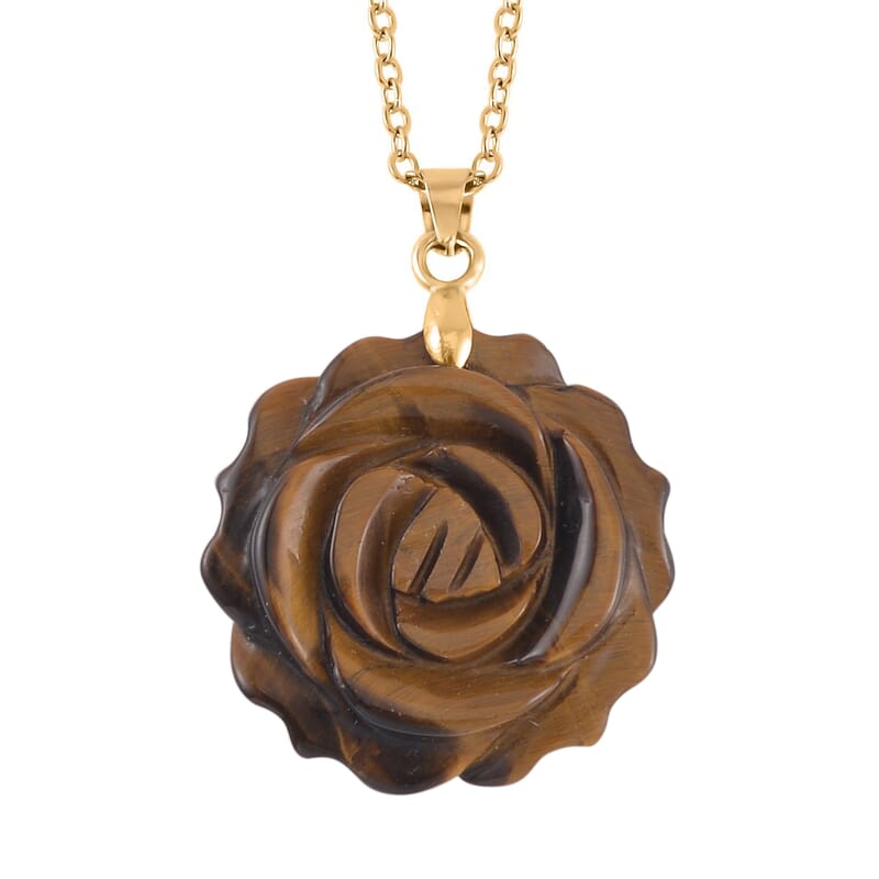 Carved Yellow Tigers Eye Flower Ring (Size 10) and Necklace 20-22 Inches in Goldtone 6.00 ctw
