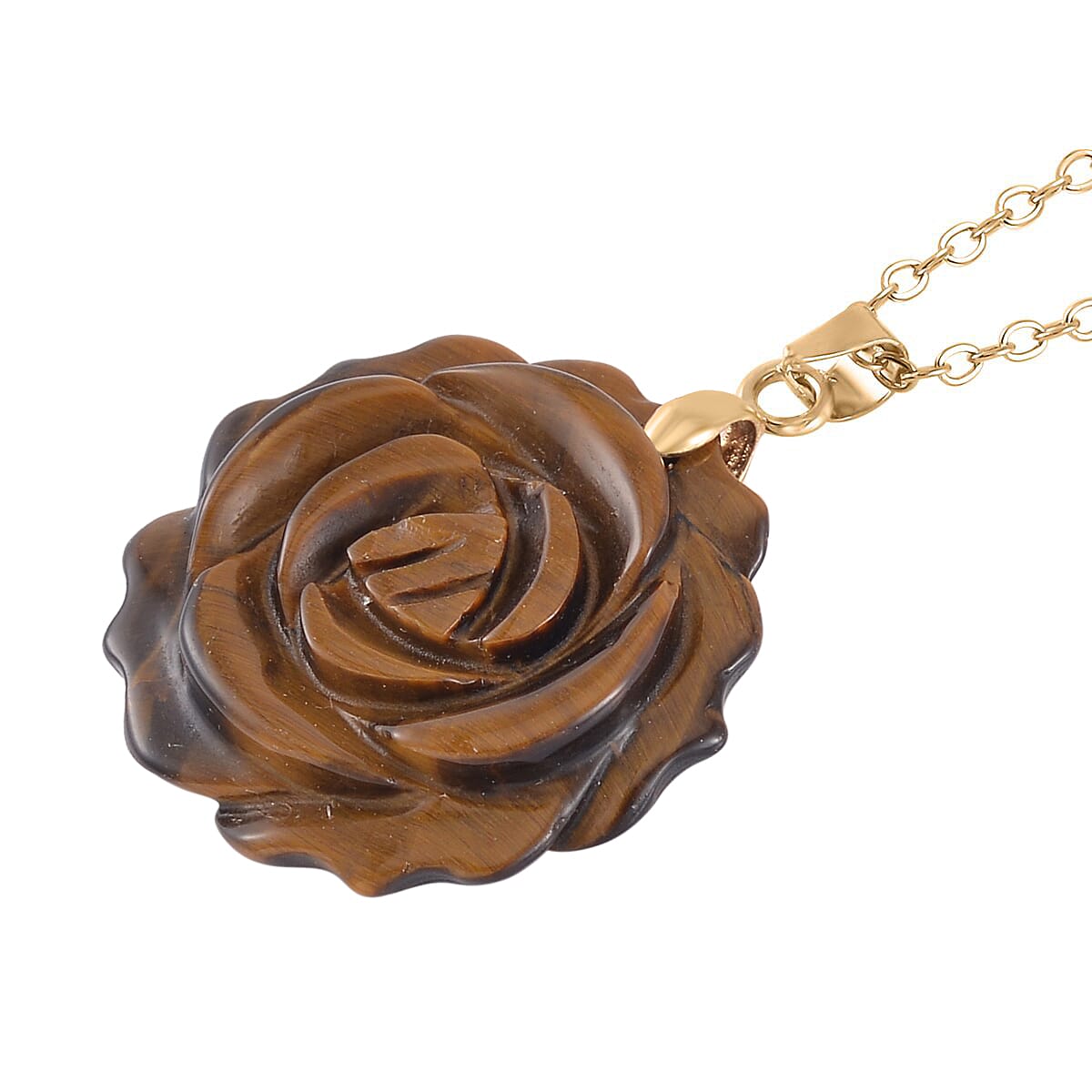 Carved Yellow Tigers Eye Flower Ring (Size 10) and Necklace 20-22 Inches in Goldtone 6.00 ctw