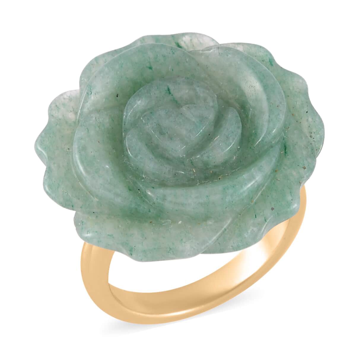 Carved Green Aventurine Flower Ring (Size 6) and Necklace 20-22 Inches in Goldtone 6.00 ctw image number 2