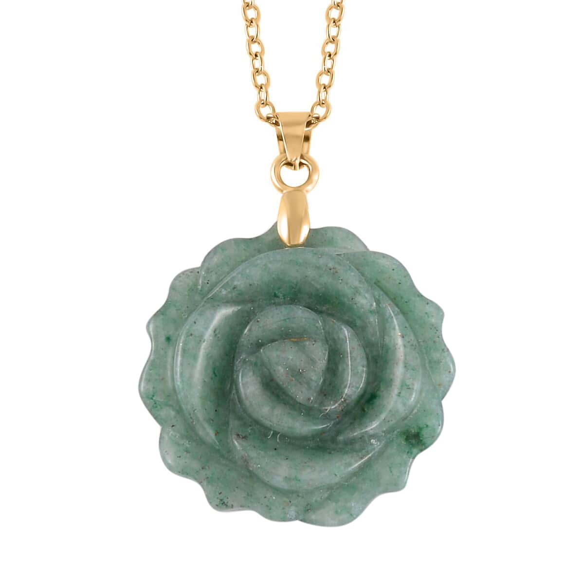 Carved Green Aventurine Flower Ring (Size 8) and Necklace 20-22 Inches in Goldtone 6.00 ctw image number 5