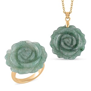 Carved Green Aventurine Flower Ring (Size 9) and Necklace 20-22 Inches in Goldtone 6.00 ctw
