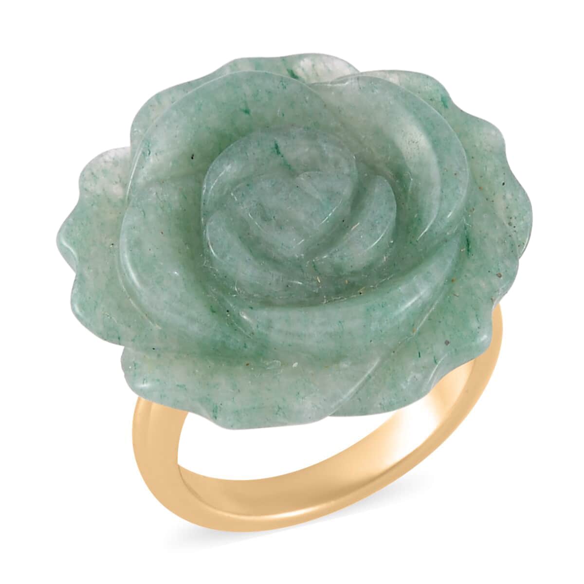 Carved Green Aventurine Flower Ring (Size 9) and Necklace 20-22 Inches in Goldtone 6.00 ctw image number 2