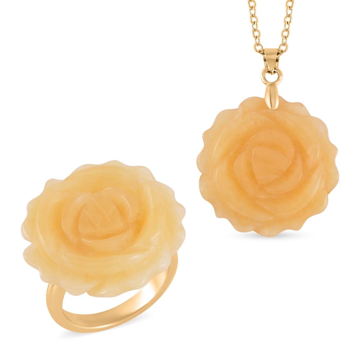 Carved Yellow Quartzite Flower Ring (Size 7) and Necklace 20-22 Inches in Goldtone 6.00 ctw image number 0