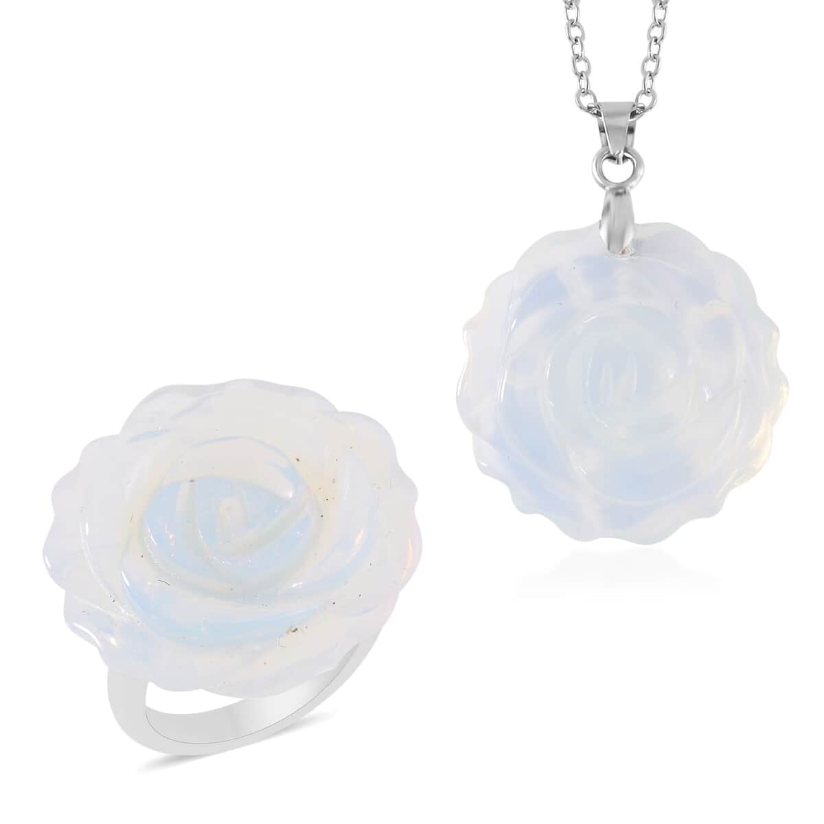 Carved Opalite Flower Ring (Size 6) and Necklace 20-22 Inches in Silvertone 6.00 ctw image number 0