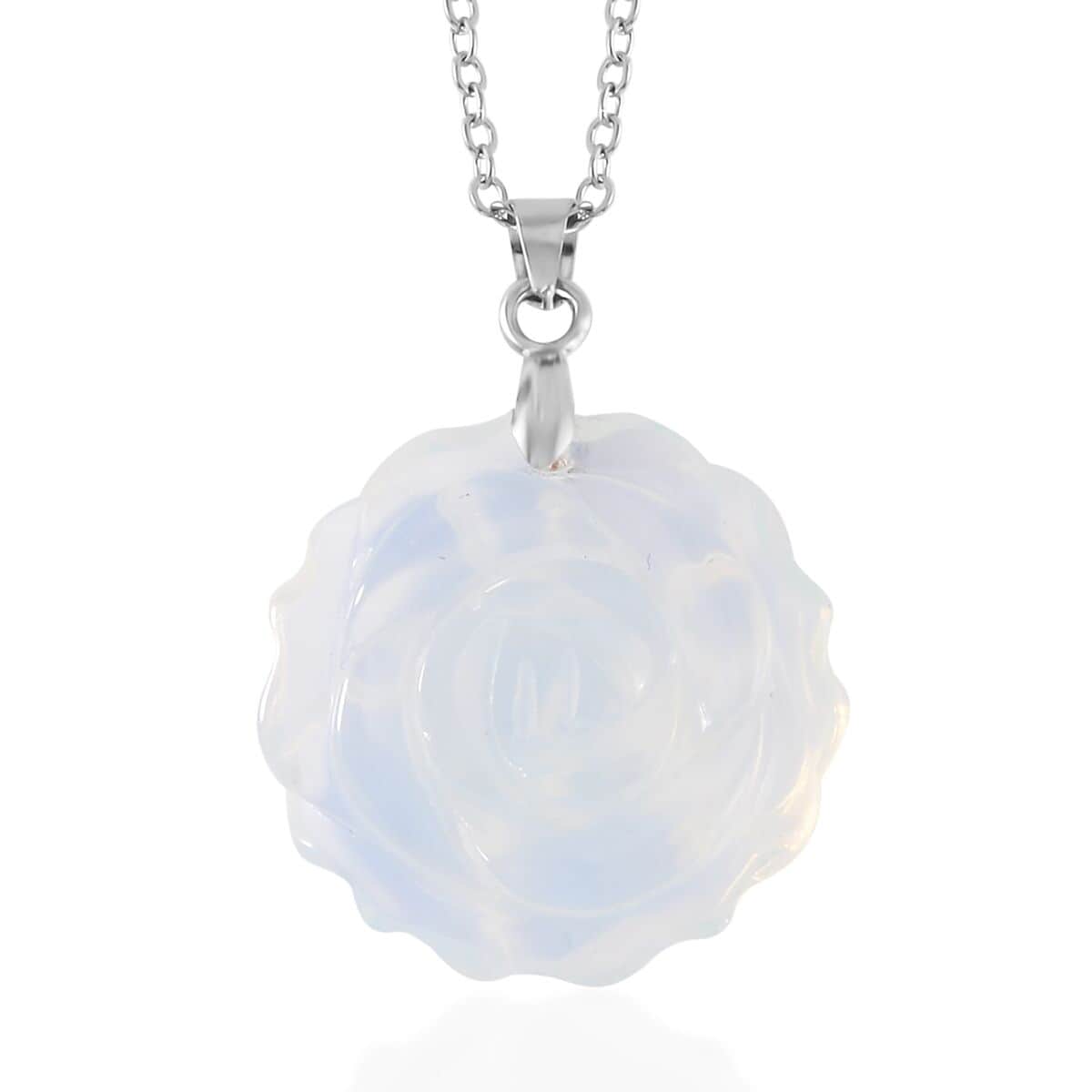 Carved Opalite Flower Ring (Size 8) and Necklace 20-22 Inches in Silvertone 6.00 ctw image number 4