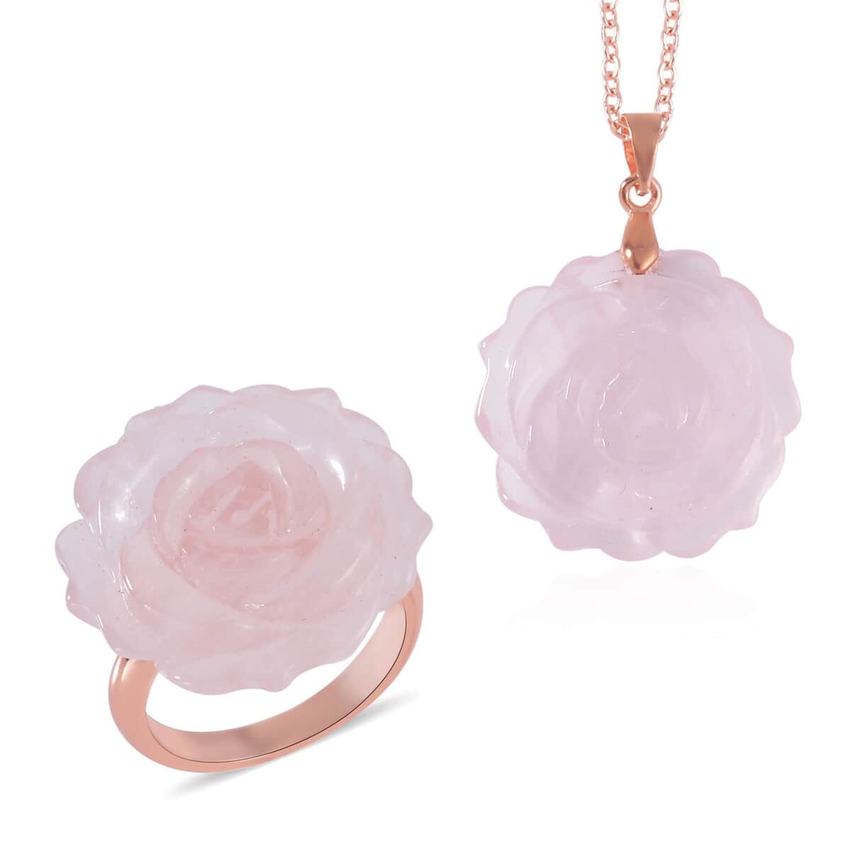 Carved Galilea Rose Quartz Flower Ring (Size 9) and Necklace 20-22 Inches in Rosetone 6.00 ctw image number 0