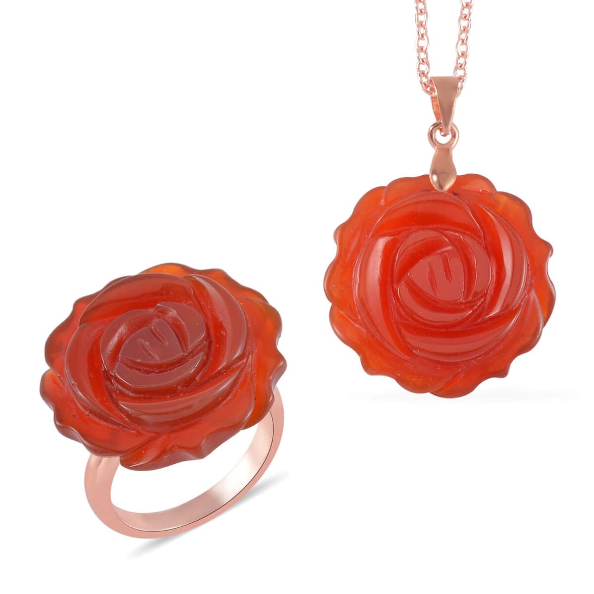 Carved Red Jasper Flower Ring (Size 7) and Necklace 20-22 Inches in Rosetone 6.00 ctw image number 0