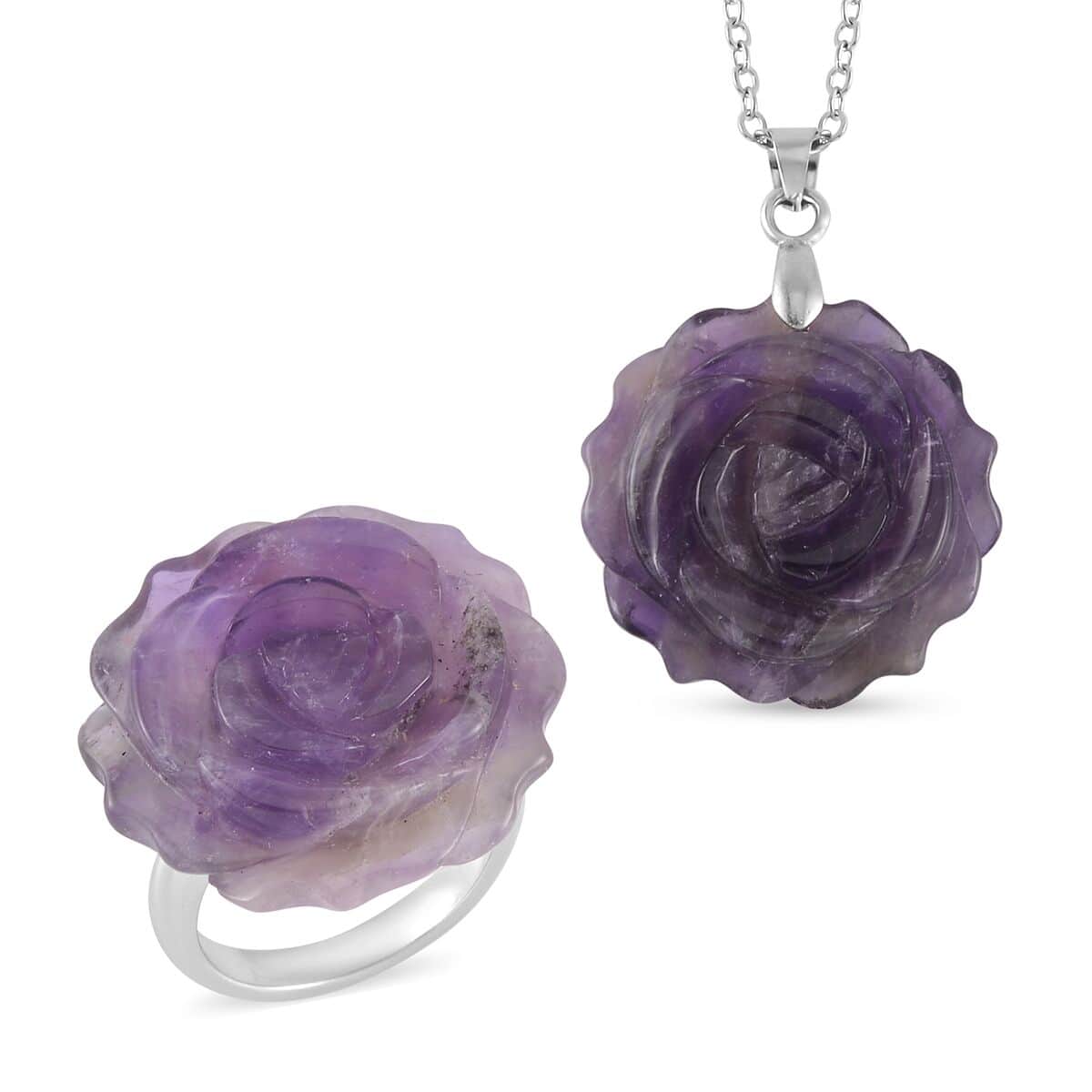 Carved Amethyst Flower Ring (Size 6) and Necklace 20-22 Inches in Silvertone 6.00 ctw image number 0