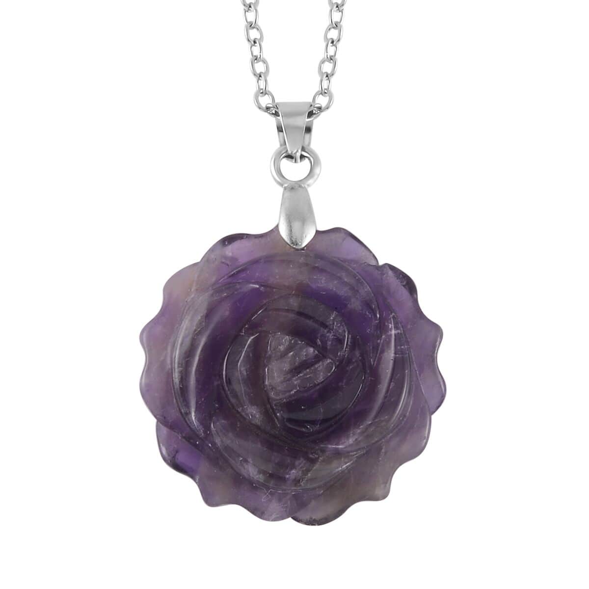 Carved Amethyst Flower Ring (Size 6) and Necklace 20-22 Inches in Silvertone 6.00 ctw image number 3