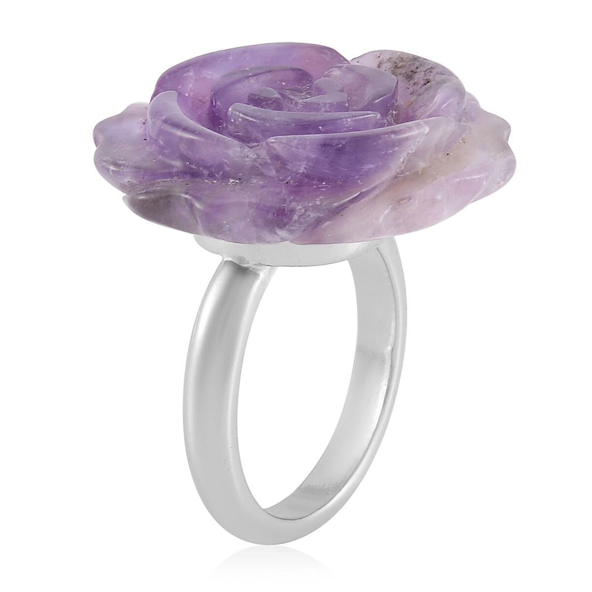 Carved Amethyst Flower Ring (Size 8) and Necklace 20-22 Inches in Silvertone 6.00 ctw image number 3