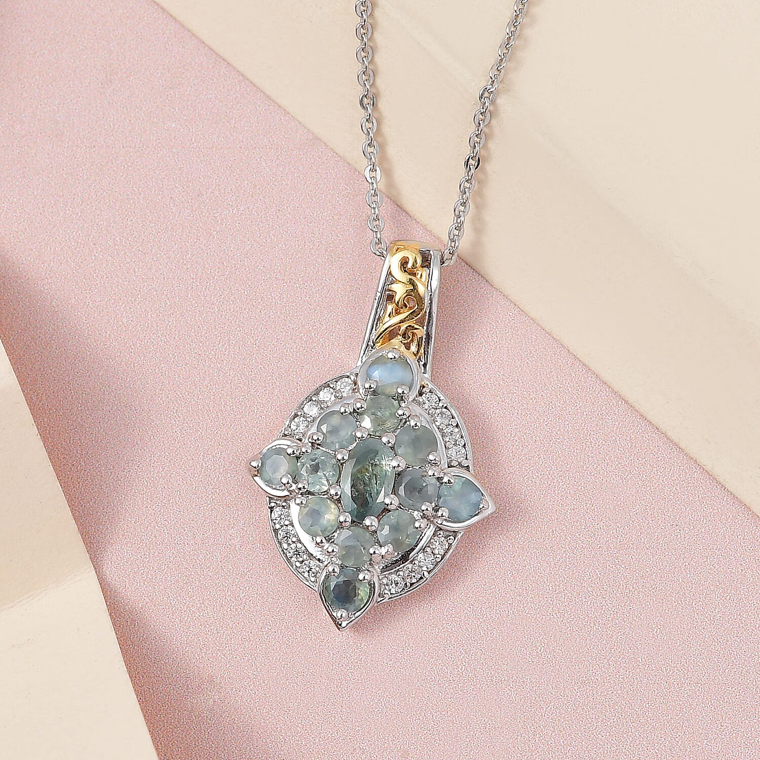 Narsipatnam Alexandrite and White Zircon Pendant Necklace 20 Inches in Vermeil YG and Platinum Over Sterling Silver 1.30 ctw