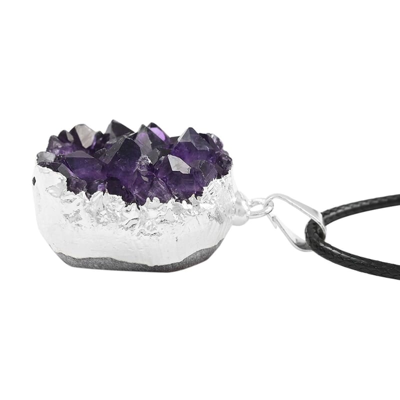 Purple Druzy Small Pendant Necklace 20 Inches in Silvertone