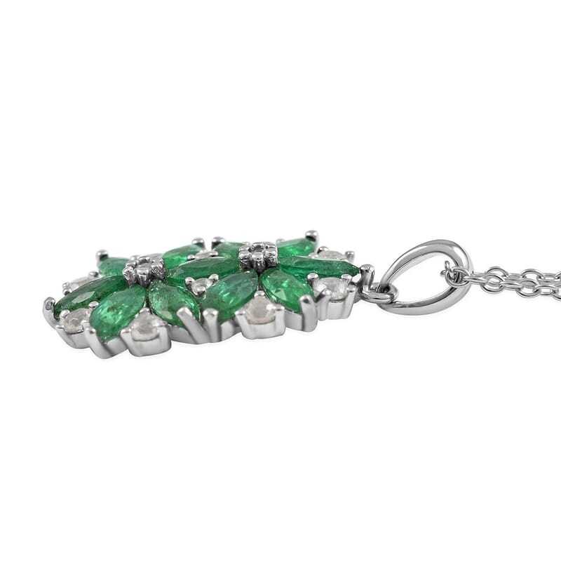 AAA Kagem Emerald and White Zircon Floral Pendant Necklace 18 Inches in Rhodium Over Sterling Silver 1.85 ctw