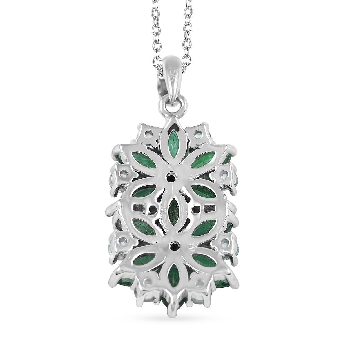AAA Kagem Emerald and White Zircon Floral Pendant Necklace 18 Inches in Rhodium Over Sterling Silver 1.85 ctw