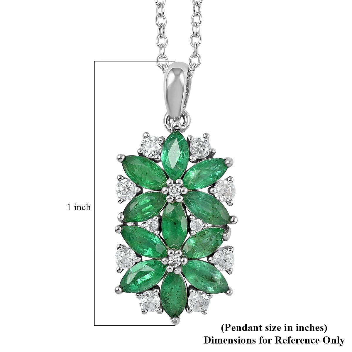 AAA Kagem Emerald and White Zircon Floral Pendant Necklace 18 Inches in Rhodium Over Sterling Silver 1.85 ctw