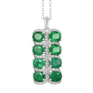 AAA Kagem Emerald and White Zircon Pendant Necklace 18 Inches in Rhodium Over Sterling Silver 3.10 ctw
