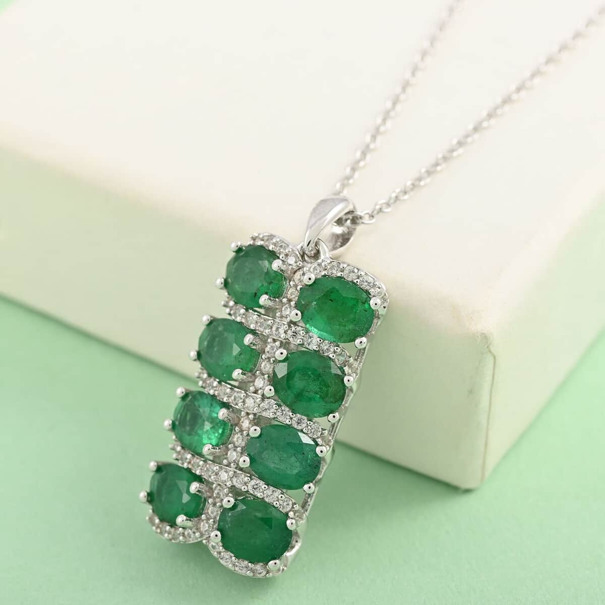 AAA Kagem Emerald and White Zircon Pendant Necklace 18 Inches in Rhodium Over Sterling Silver 3.10 ctw image number 1